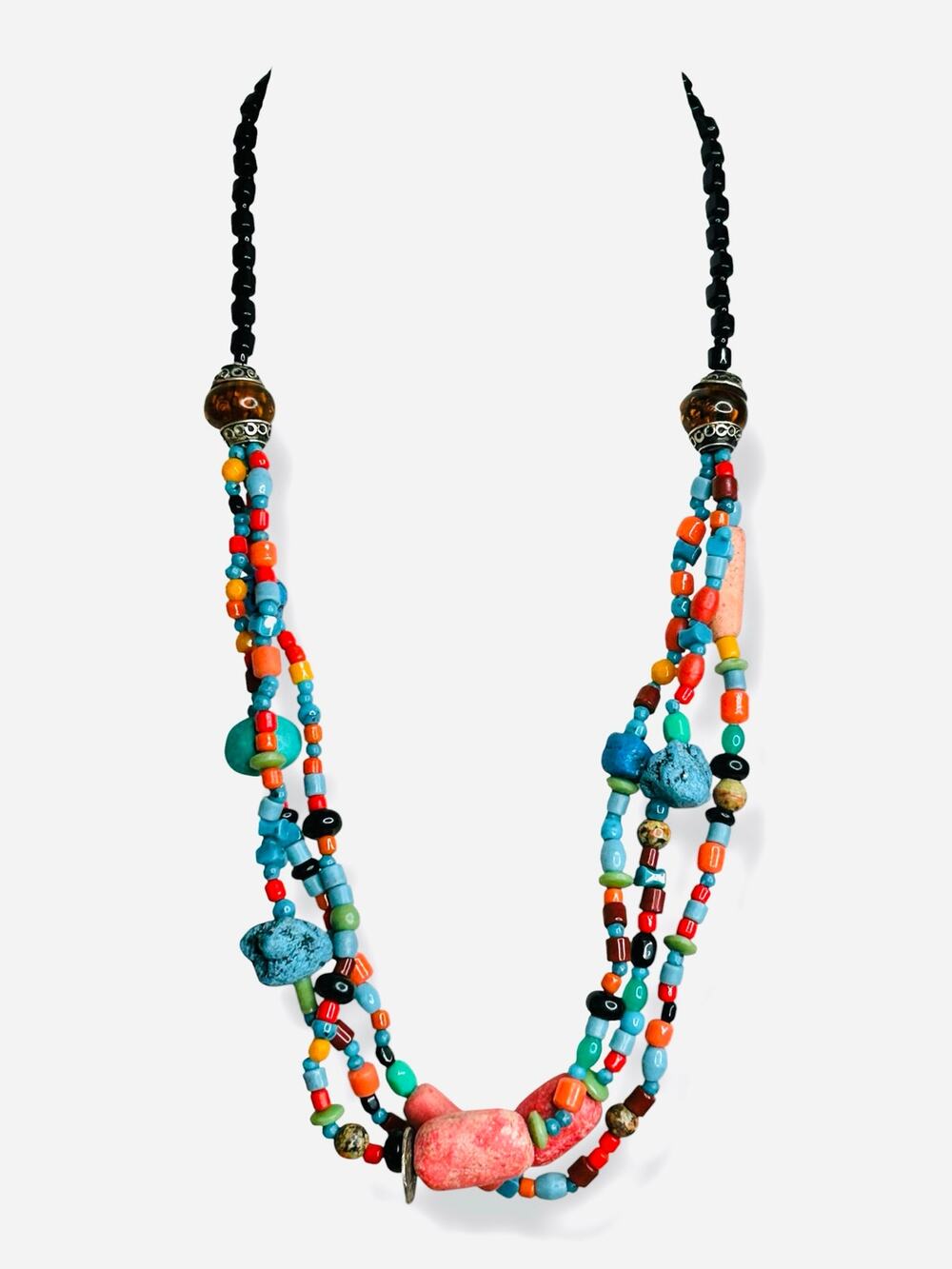 Colorful Boho Mixed Media Layered Multi Strand Necklace Bold Festival Hippie